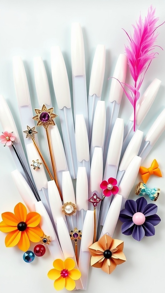 A variety of white chrome nail shapes displayed with colorful flowers and accessories.