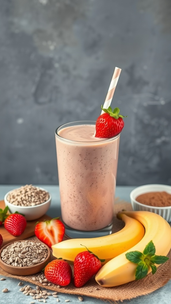 A healthy strawberry banana smoothie with bananas, strawberries, and superfood ingredients.