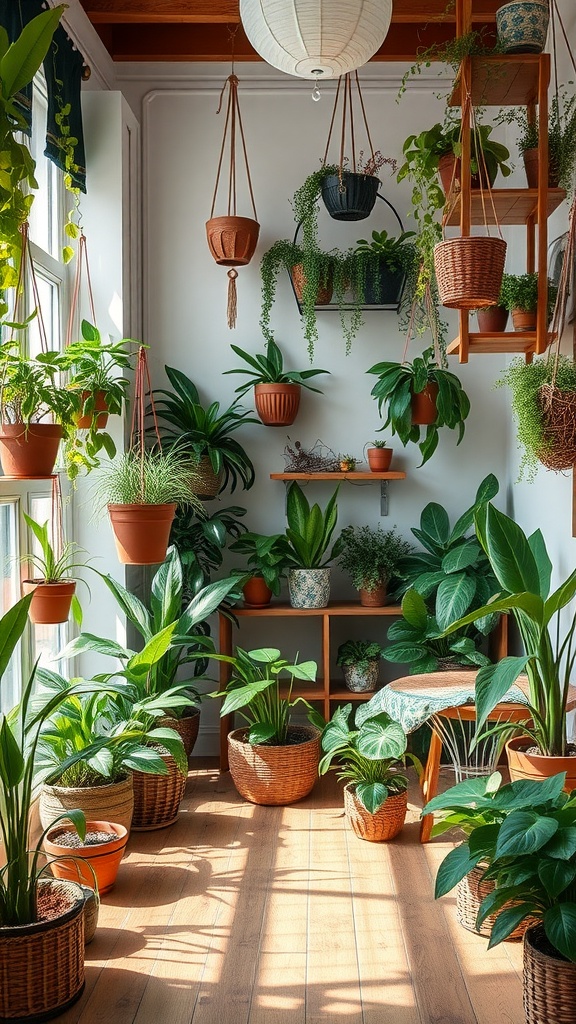 A bright and lush boho interior featuring various plants in pots and hanging baskets.