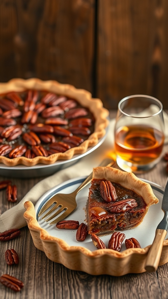 A delicious slice of bourbon-enhanced pecan pie on a plate with a fork, surrounded by whole pecans and a glass of bourbon.
