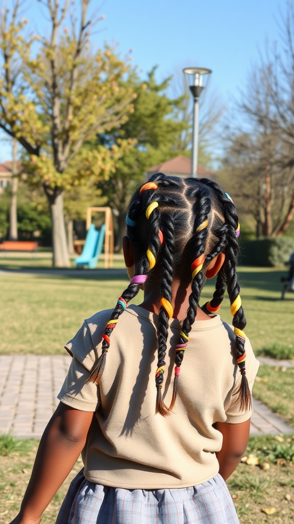A child with colorful box braids enjoying a sunny day in the park.