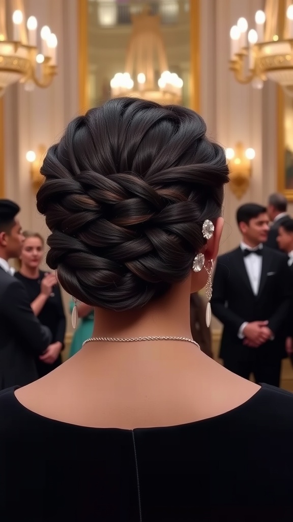 Elegant updo hairstyle featuring box braids at a formal event.