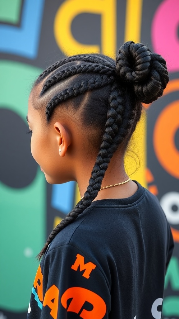 A child with box braids styled in a ponytail against a colorful background.