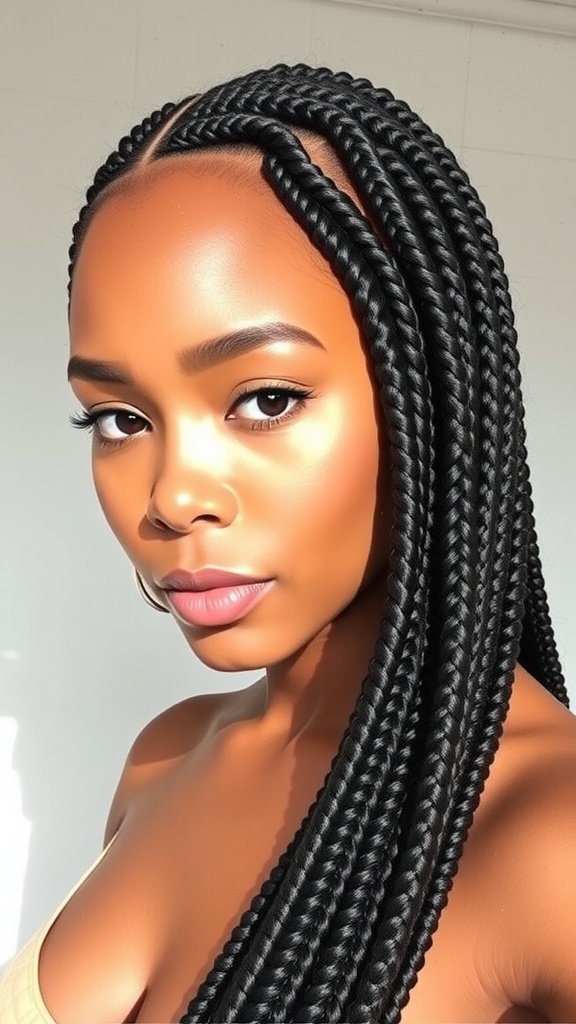 A close-up of a person showcasing box braids styled with a side part.