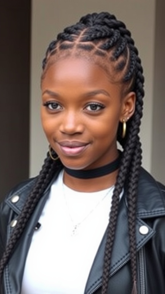 A young woman with box braids and a braided fringe, wearing a leather jacket.