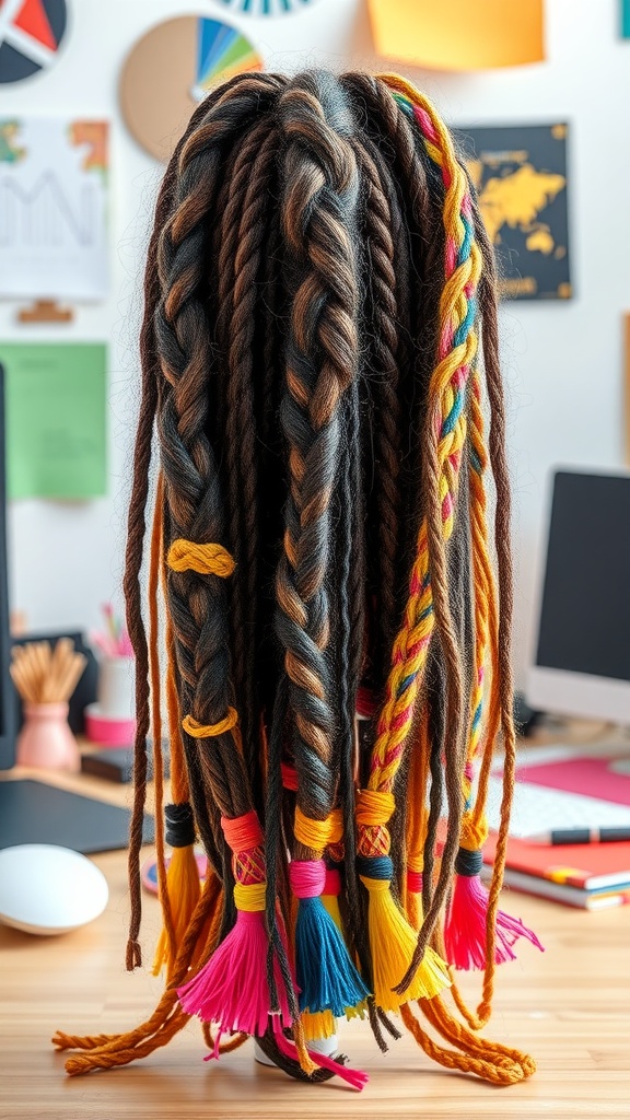 Box braids hairstyle with colorful thread and tassels