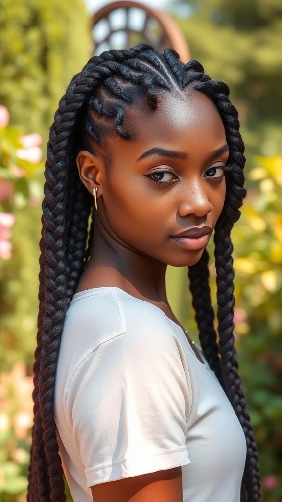 A woman with box braids featuring curls at the ends, showcasing a stylish hairstyle.