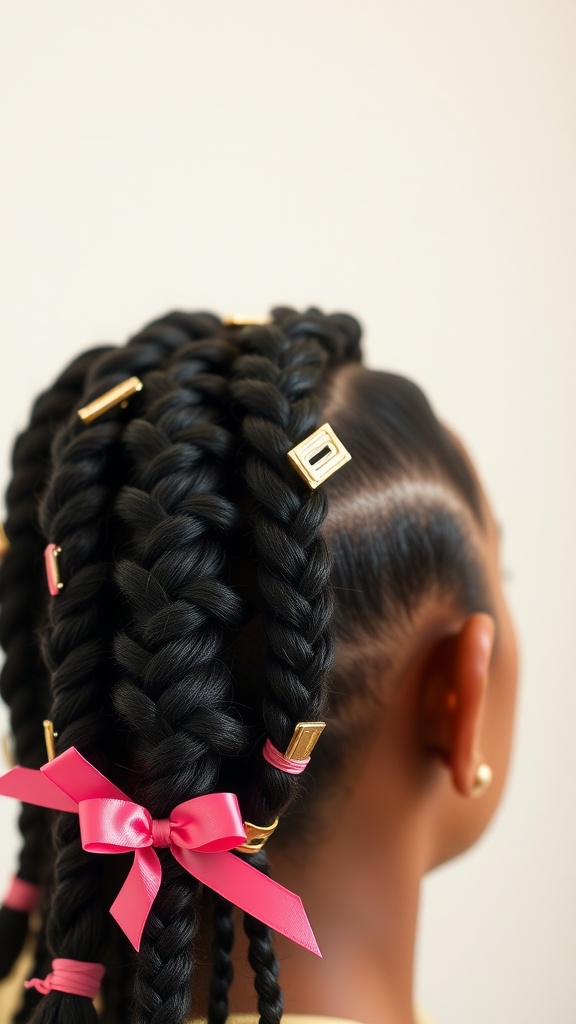 Close-up view of box braids decorated with gold clips and pink ribbons.