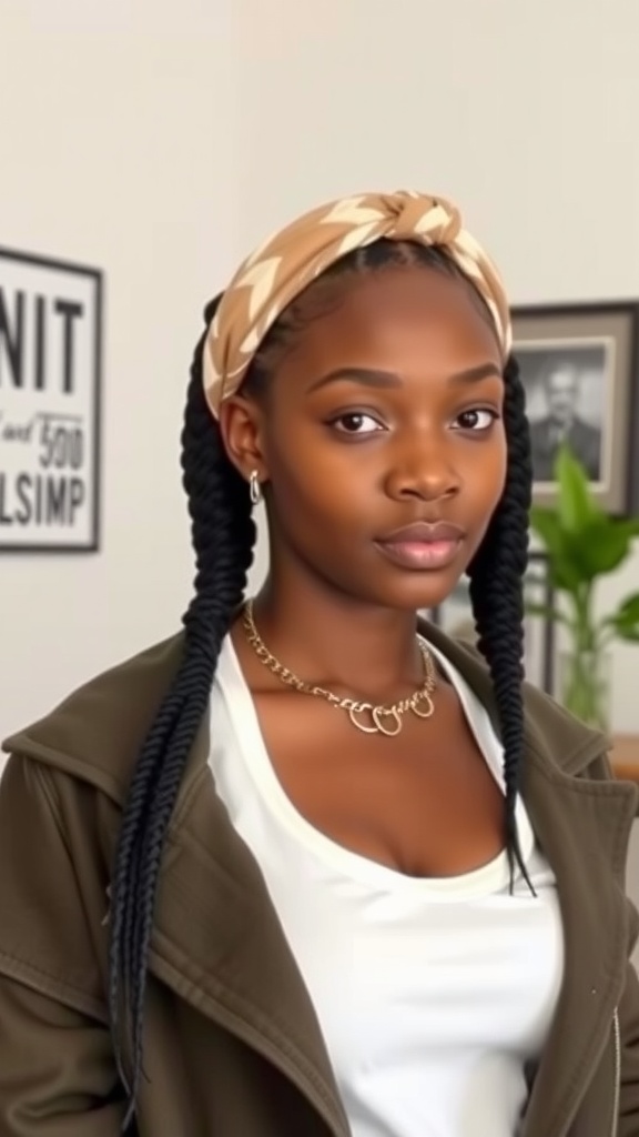 A person with box braids styled with a headband.