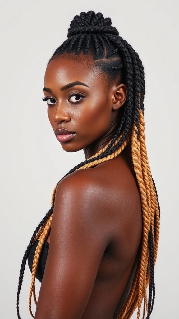 A model showcasing box braids with an ombre effect, featuring a blend of black and golden tones.