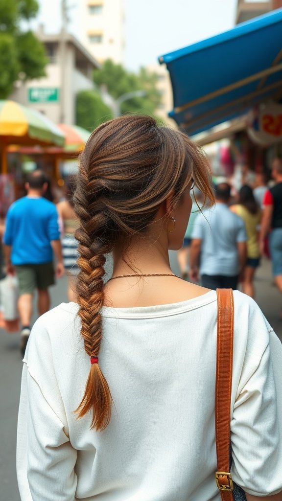 A woman with a braided hairstyle and bangs walking in a busy street.