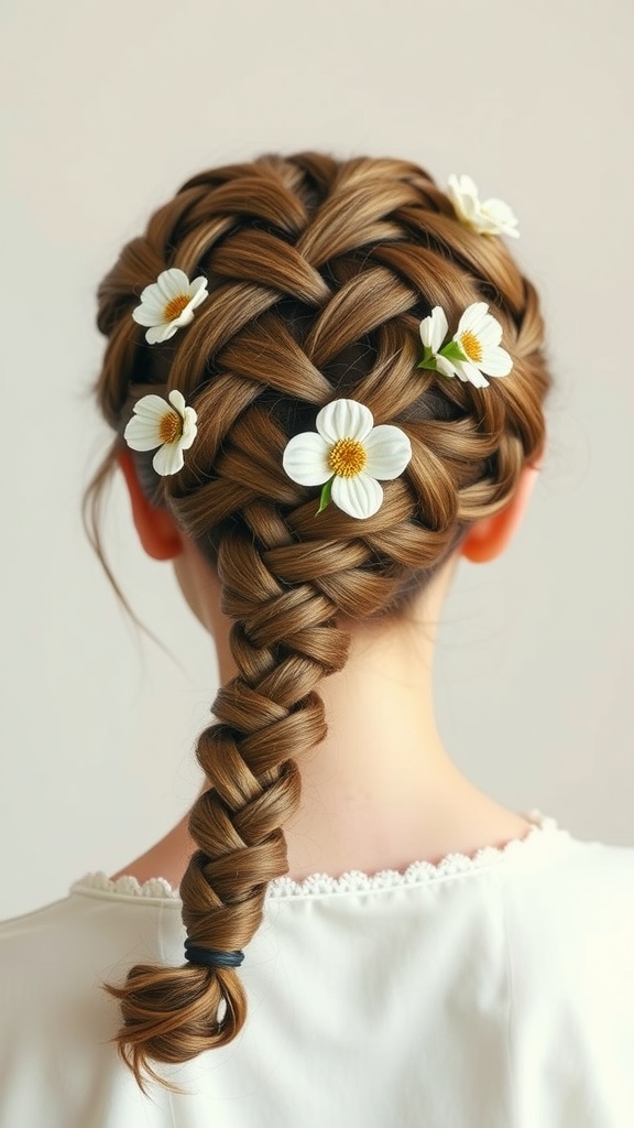 A braided hairstyle with decorative flowers.