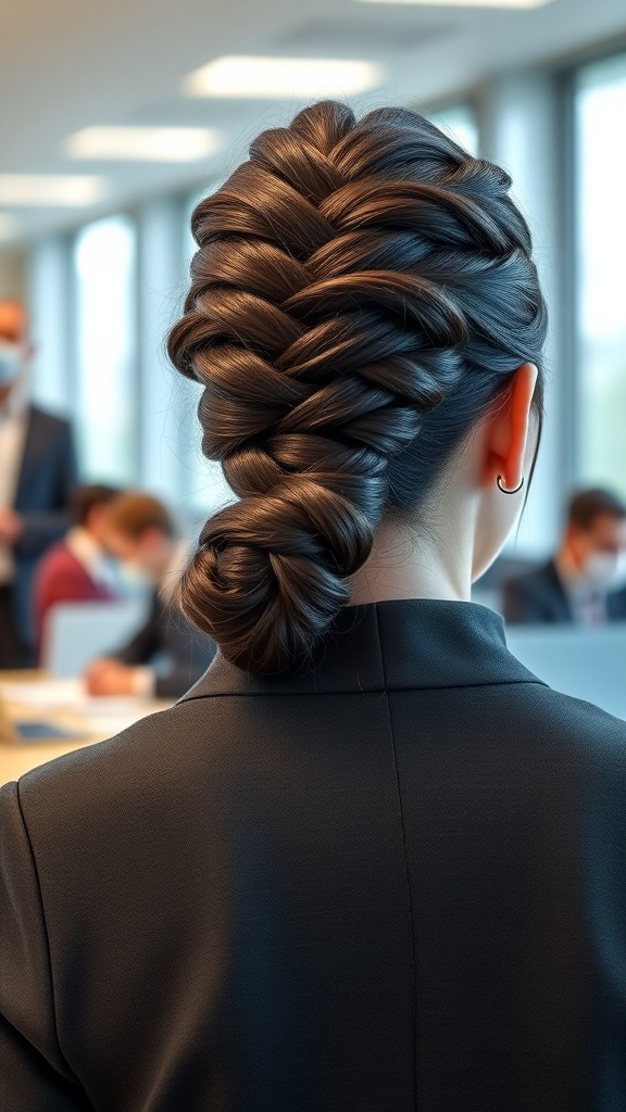 A close-up view of a braided bun hairstyle, showcasing a neat and stylish braid that transitions into a bun.