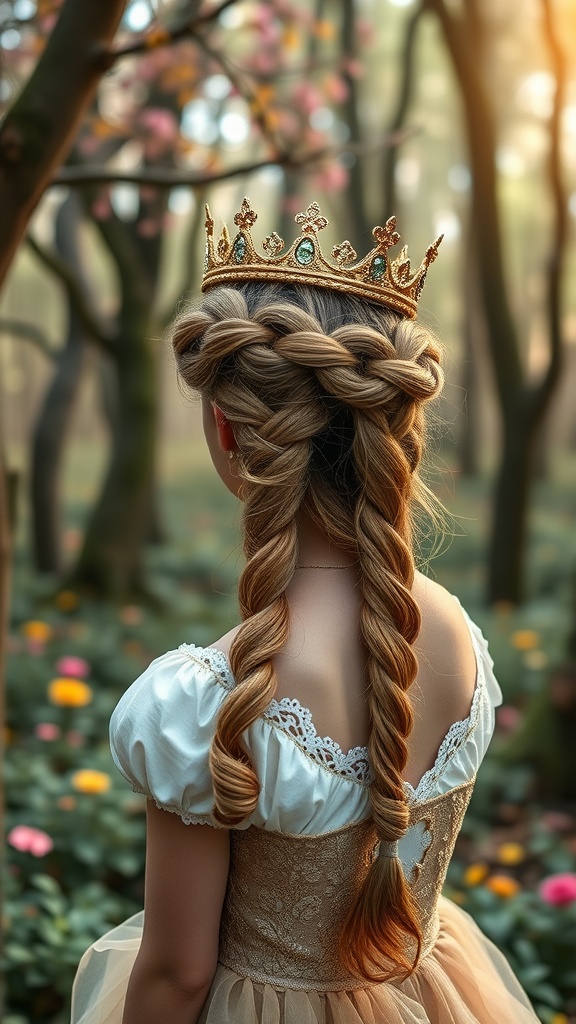 A girl with medium length hair styled in a braided crown, wearing a crown and a beautiful dress, surrounded by nature.