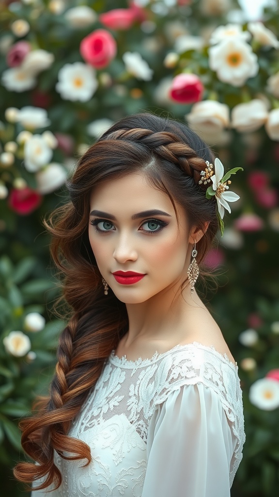 A beautiful woman with a braided crown hairstyle adorned with flowers, set against a backdrop of colorful flowers.