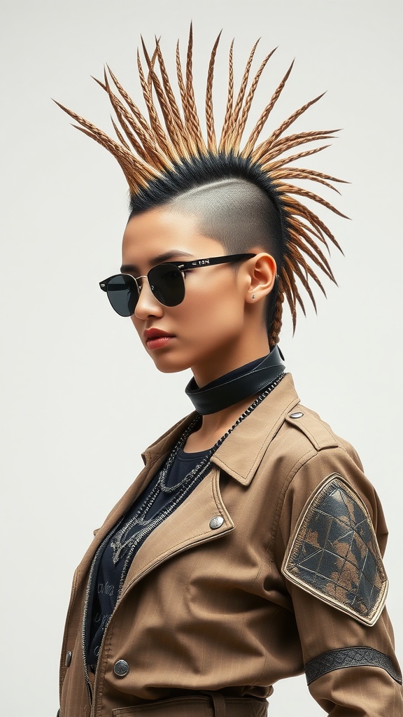 A person with a braided mohawk hairstyle, featuring braids styled into spikes and shaved sides.