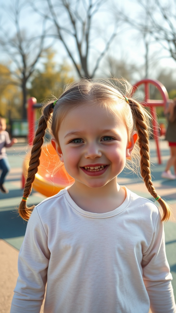 A smiling child with braided pigtails at a playground