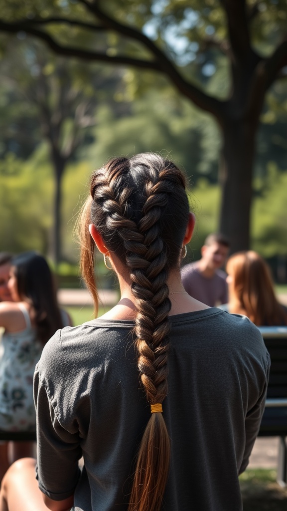A person with a braided ponytail, sitting outdoors with friends.
