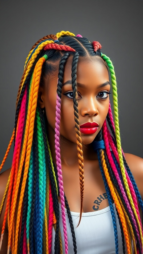 A person with colorful braided hairstyle featuring vibrant extensions.