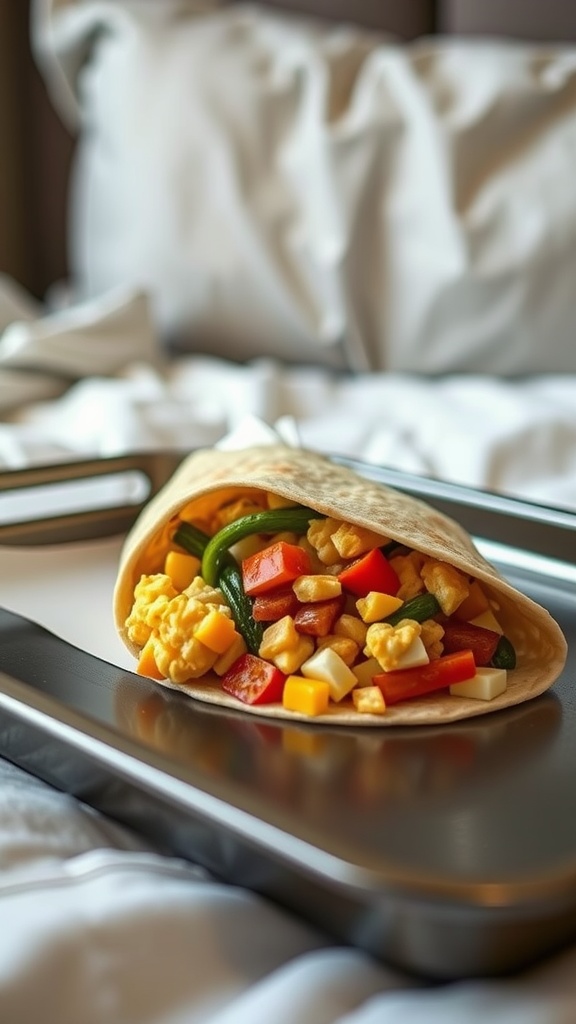 A delicious breakfast burrito filled with scrambled eggs and vegetables.