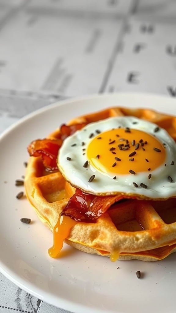 A delicious breakfast chaffle topped with bacon and a fried egg