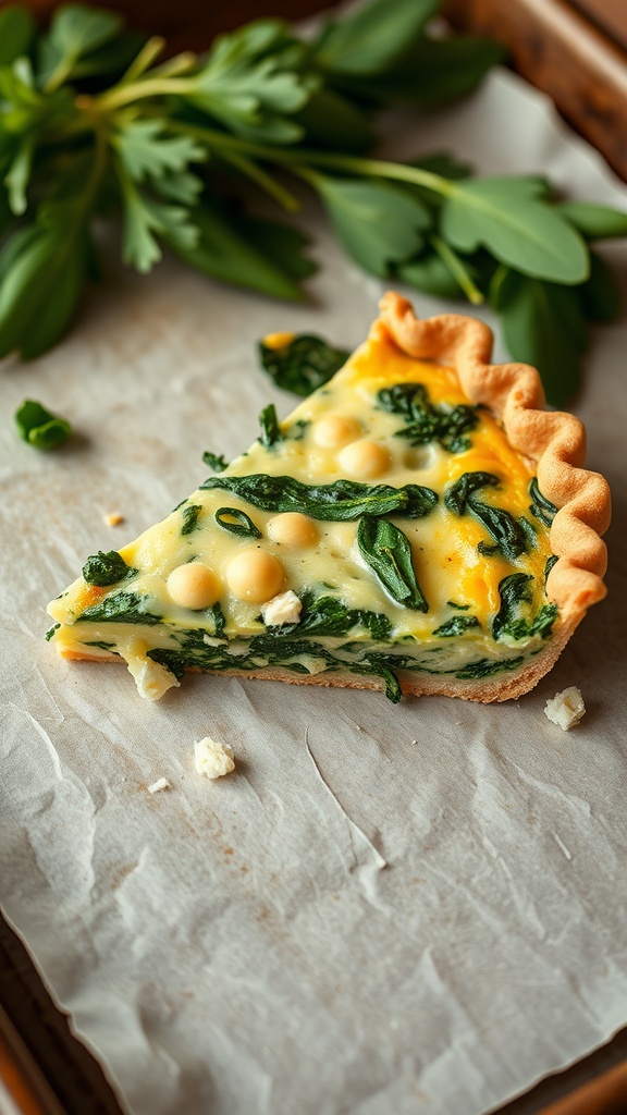 A slice of breakfast quiche with spinach and cheese on a wooden table.