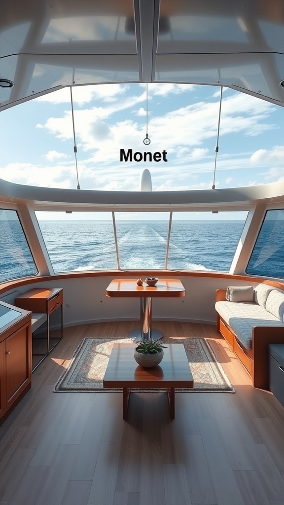 Interior of a luxury yacht with large windows overlooking the ocean.