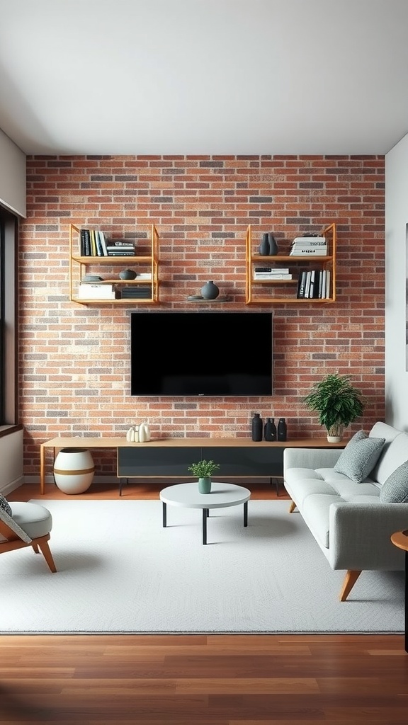 Minimalist living room featuring a brick wall with shelves and a television.