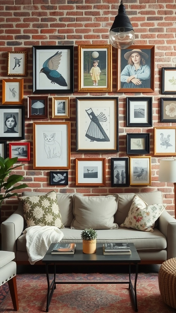 A living room featuring a brick wall adorned with various artistic wall hangings and framed pictures.