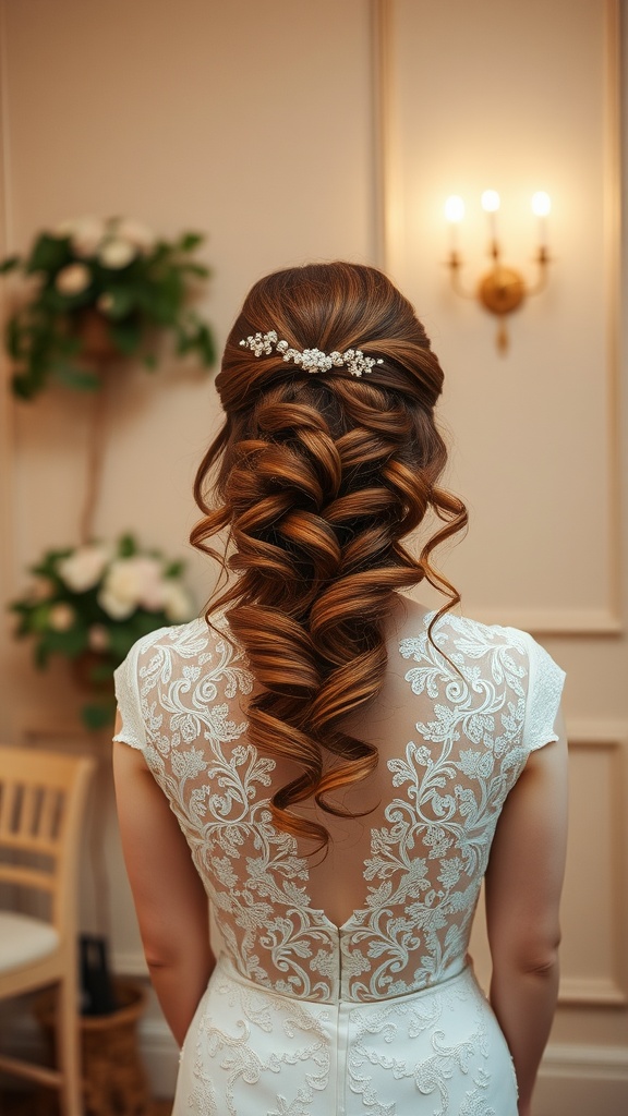 A bride with beautifully styled hair showcasing a bronde color, adorned with a hair accessory, and wearing an elegant dress.