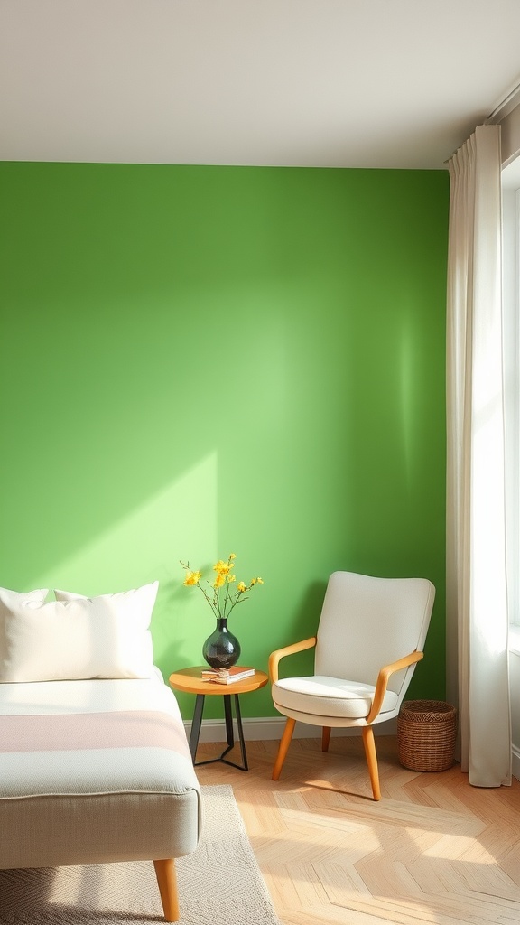 A bright green accent wall in a modern living space with a cozy chair and small table.
