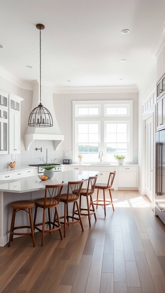 A bright and airy beach house kitchen with large windows and wooden accents.