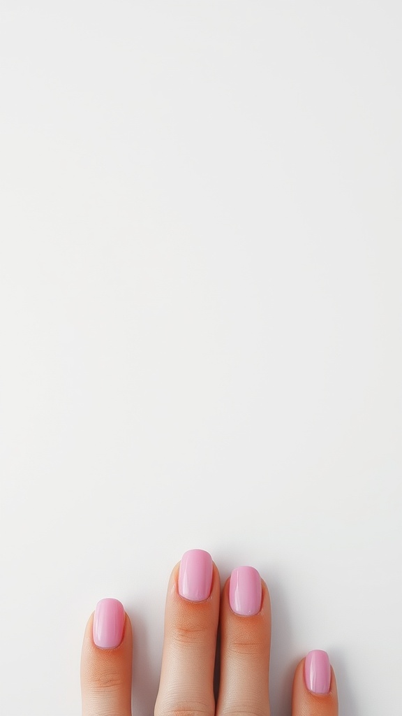 Bright baby pink French tip nails on a hand.