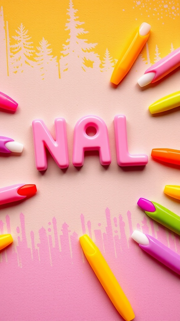 Colorful fake nails arranged around letters spelling 'NAL' on a gradient background.