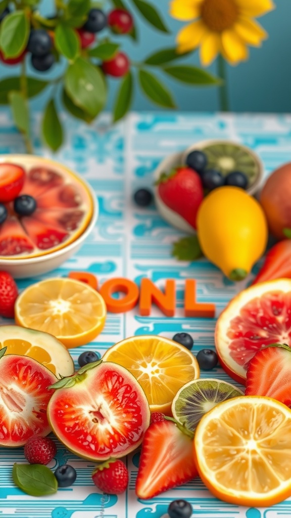 Colorful fruit slices on a table with a sunflower in the background.