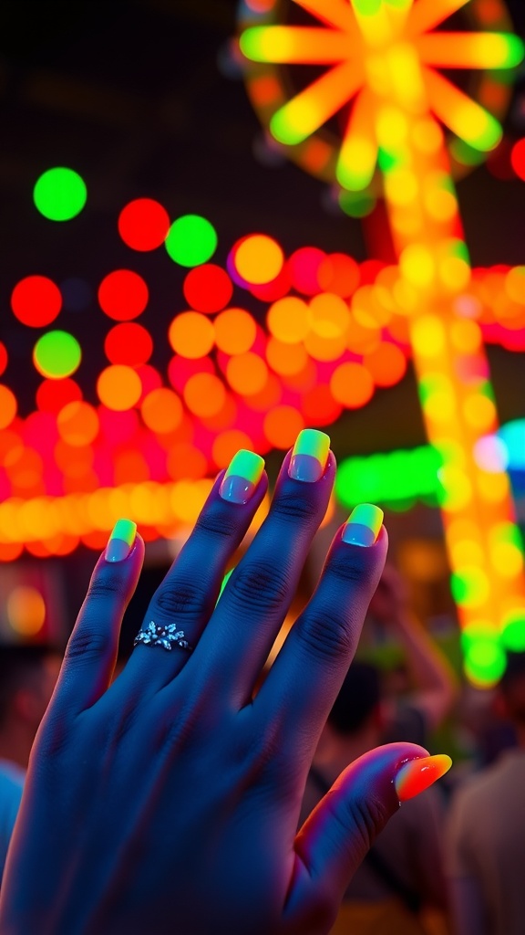 A hand with bright neon nails in yellow and orange against a colorful background of lights
