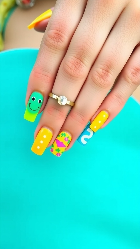 Short square nails painted in bright neon shades with fun designs.