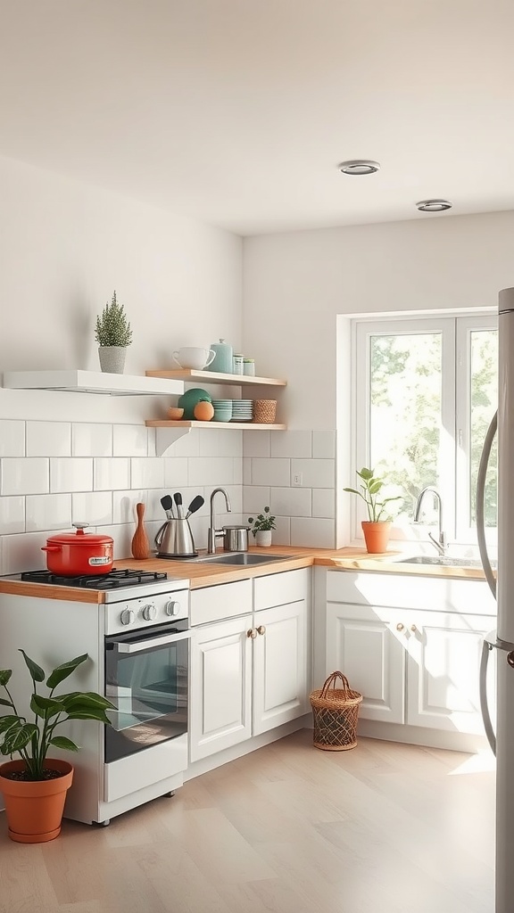A bright, small kitchen featuring white cabinets, wooden countertops, and colorful accents.