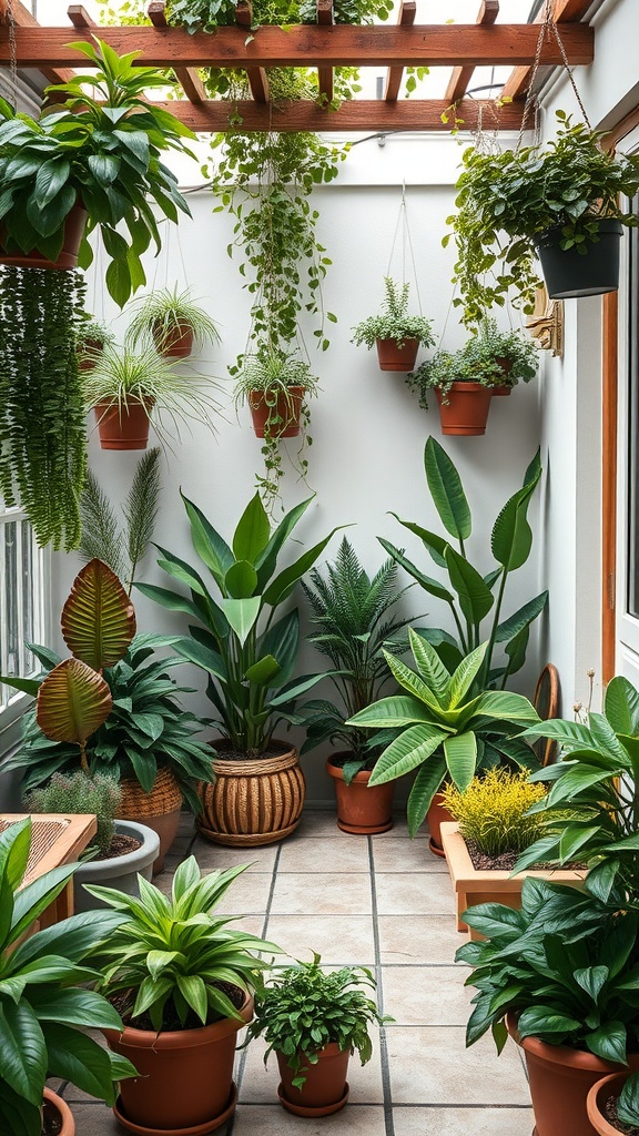 A small interior patio filled with various plants in pots and hanging planters.