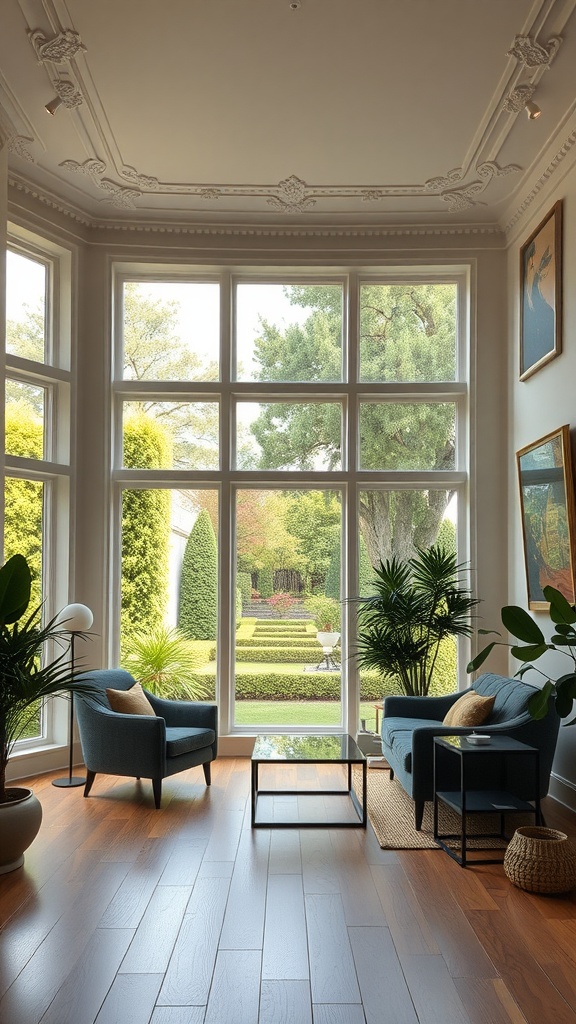 A cozy living room with large windows showcasing a garden view, featuring plants and comfortable seating.