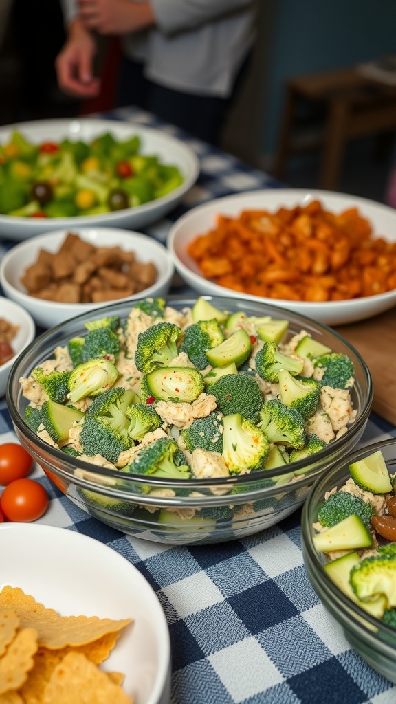 A bowl of broccoli salad with various colorful vegetables, ready for a potluck.