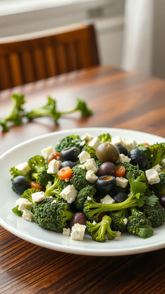 Broccoli salad with feta, olives, and cherry tomatoes on a white plate.