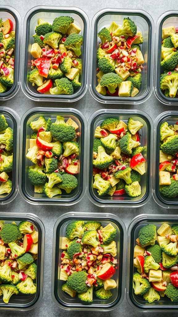 Broccoli salad meal prep containers filled with broccoli, apples, nuts, and dressing.