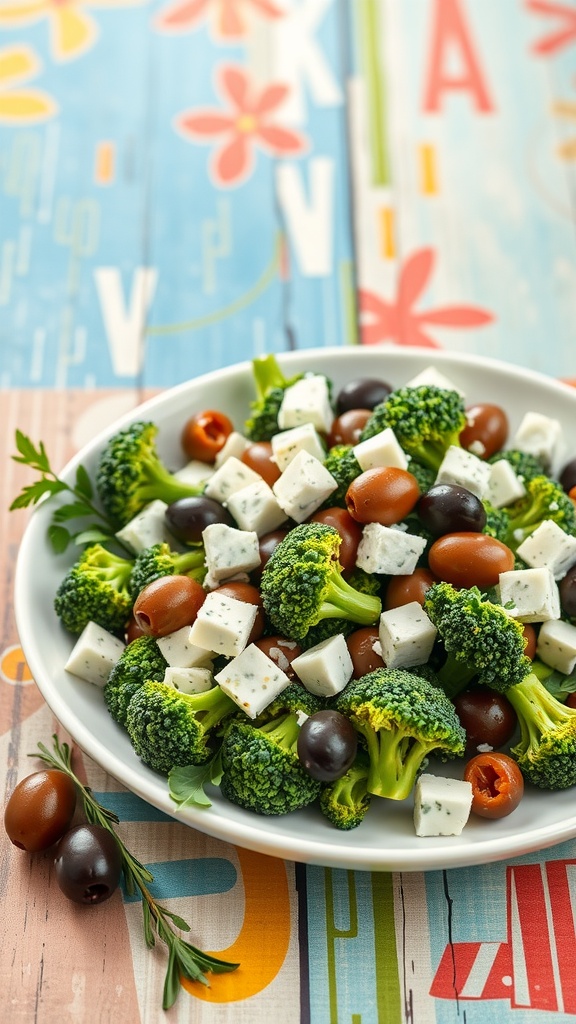 A vibrant broccoli salad with feta cheese and olives.
