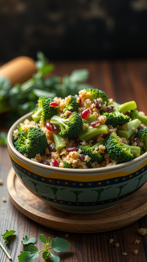 A colorful bowl of broccoli salad with quinoa, featuring bright green broccoli florets, red bell pepper, and cranberries.