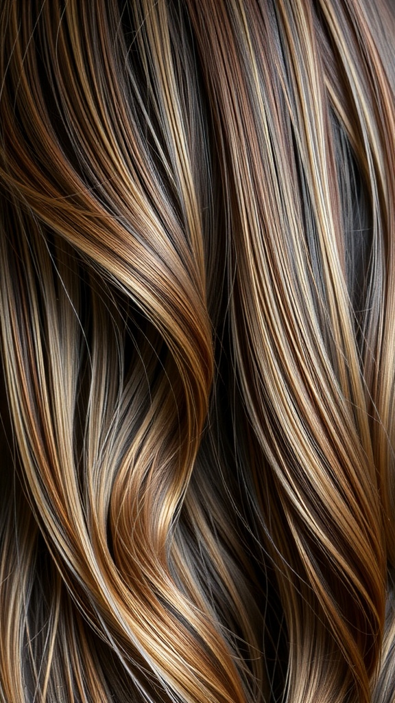 Close-up of shiny bronde hair with waves and highlights.