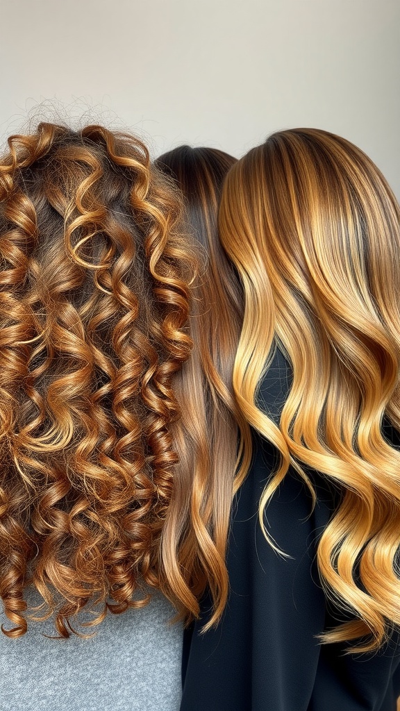 Three different hair types showcasing bronde haircolor with curls, waves, and straight hair.