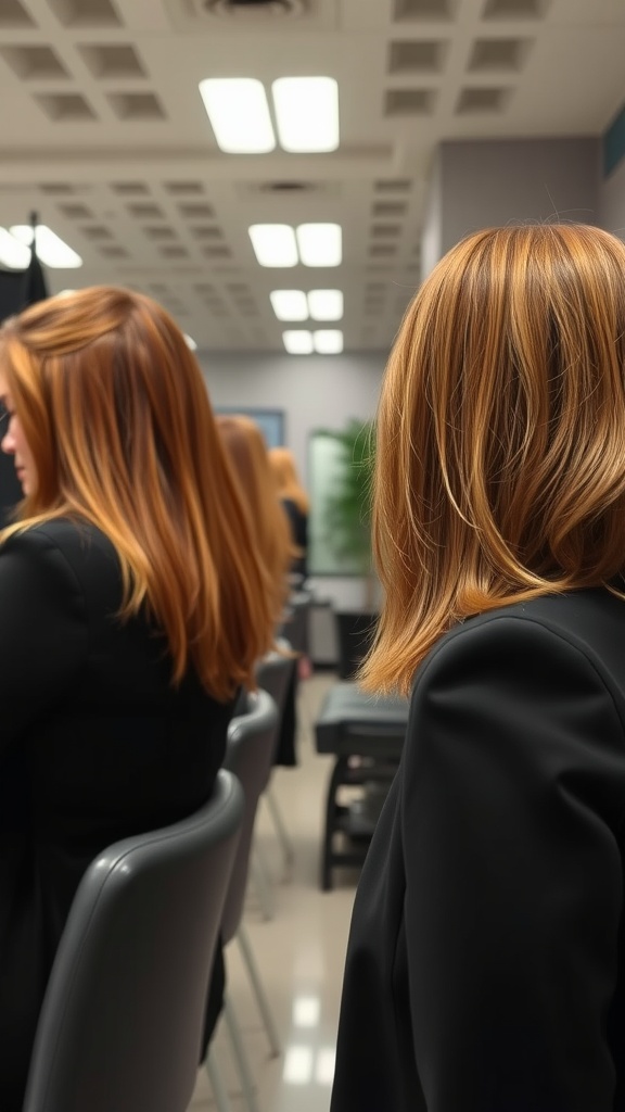 A group of women with bronde hair sitting in a salon, showcasing a professional look.