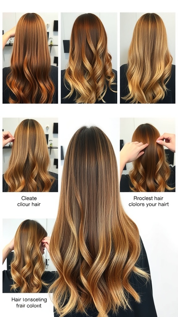 A collage showing various bronde hair color techniques, including balayage and ombre, with different styles and color blends.