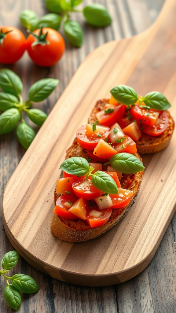 Delicious bruschetta with diced tomatoes and basil on toasted bread